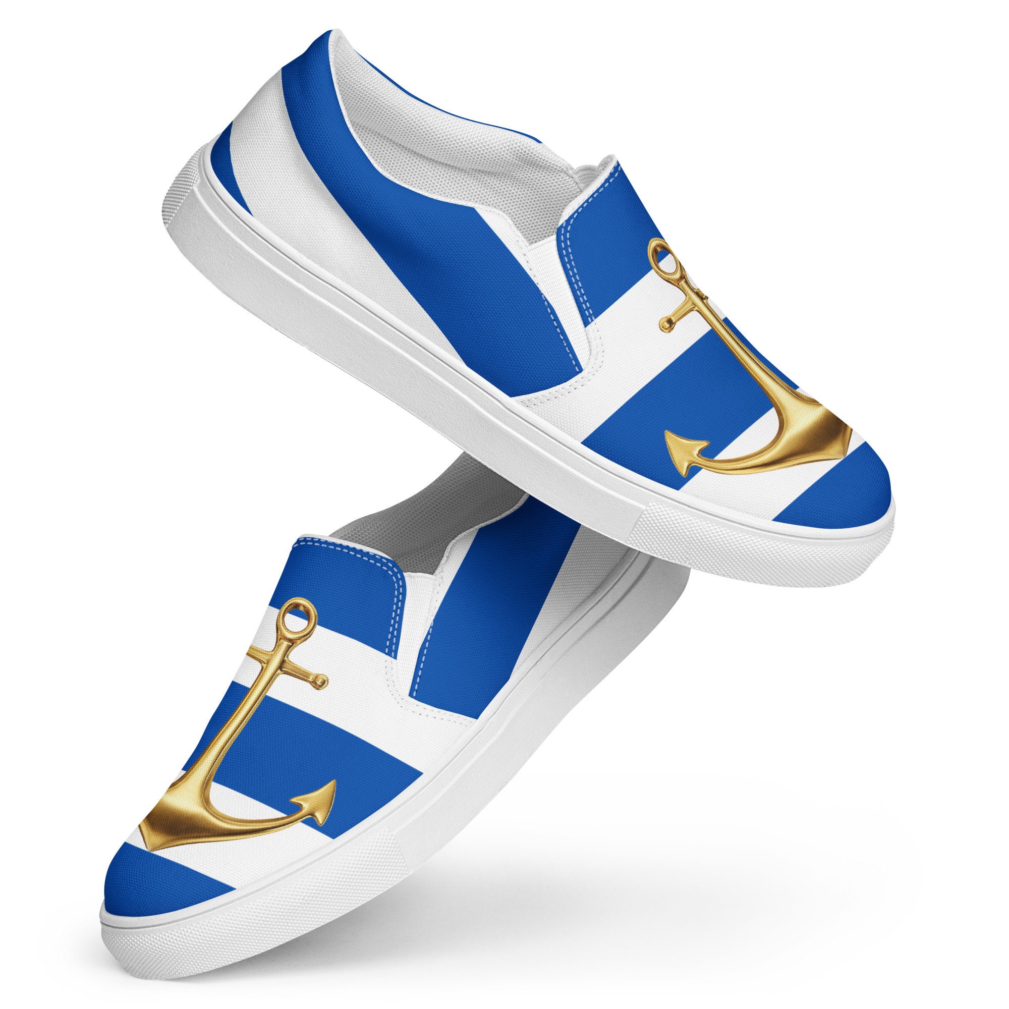 Nautical Slipon Canvas Shoes: Golden Anchor Striped Sneakers Nautical Slipon Canvas Shoes: Golden Anchor Striped Sneakers