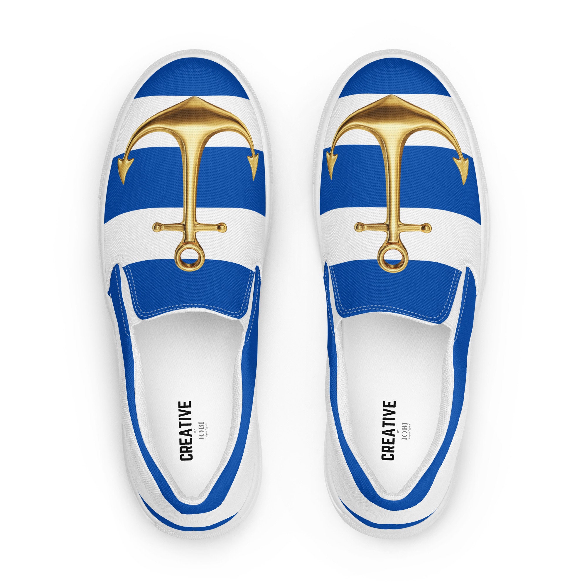Nautical Slipon Canvas Shoes: Golden Anchor Striped Sneakers Nautical Slipon Canvas Shoes: Golden Anchor Striped Sneakers