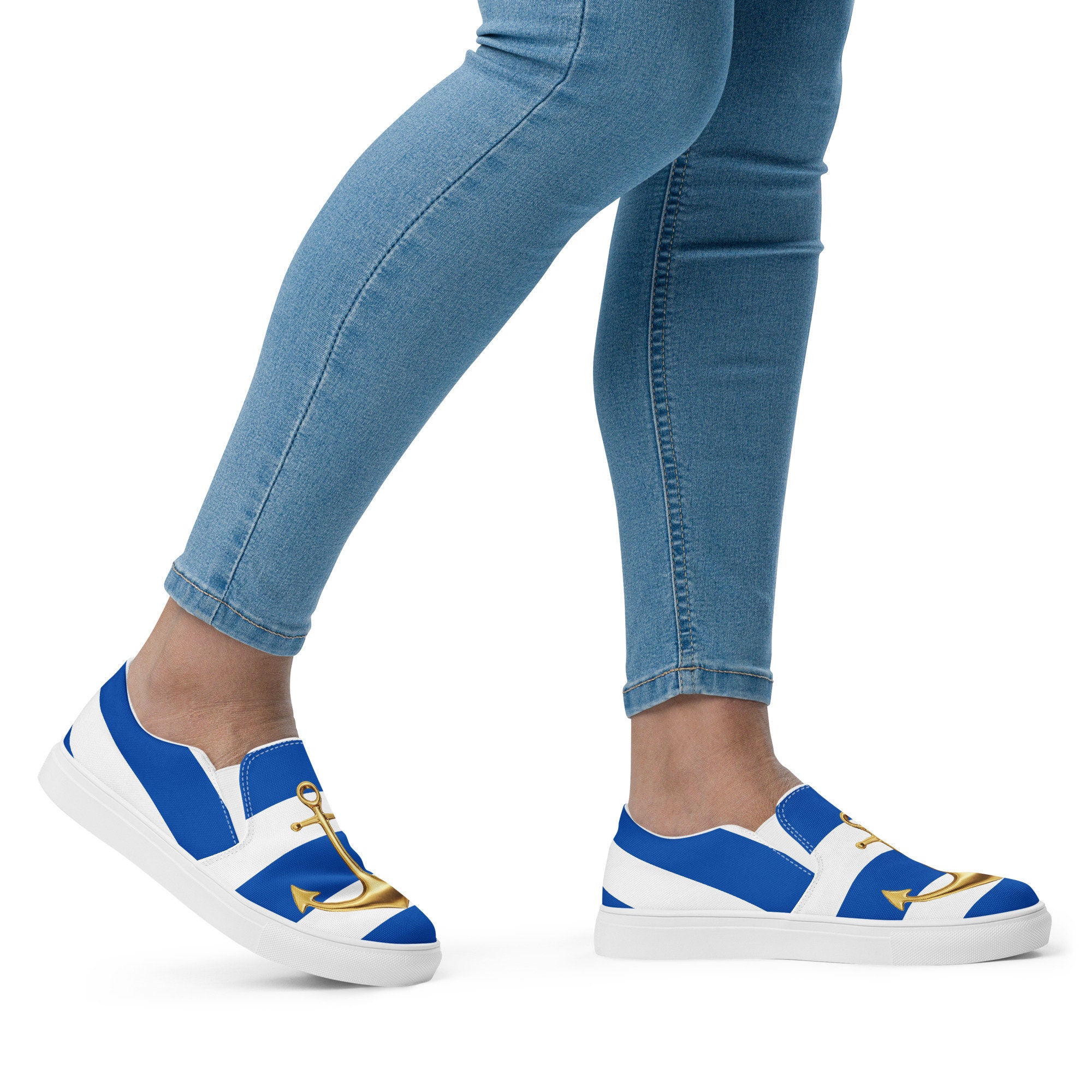 Nautical Slipon Canvas Shoes: Golden Anchor Striped Sneakers Nautical Slipon Canvas Shoes: Golden Anchor Striped Sneakers