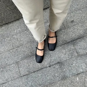Black Square Toe Mary Jane Leather Flats
