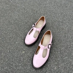 Pink Leather T-strap Mary Jane Flats