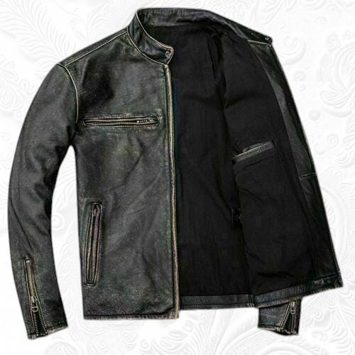 Handmade Distressed Black Sheepskin Cafe Racer Leather Jacket Handmade Distressed Black Sheepskin Cafe Racer Leather Jacket