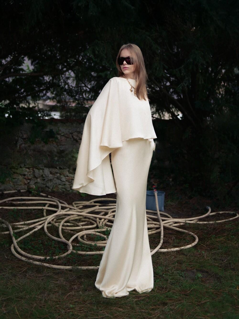 Ivory Muse Cape Gown Modern Minimalist Satin Evening